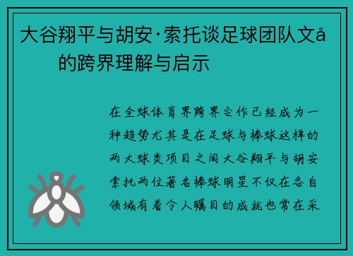大谷翔平与胡安·索托谈足球团队文化的跨界理解与启示 大谷翔平与胡安·索托谈足球团队文化的跨界理解与启示